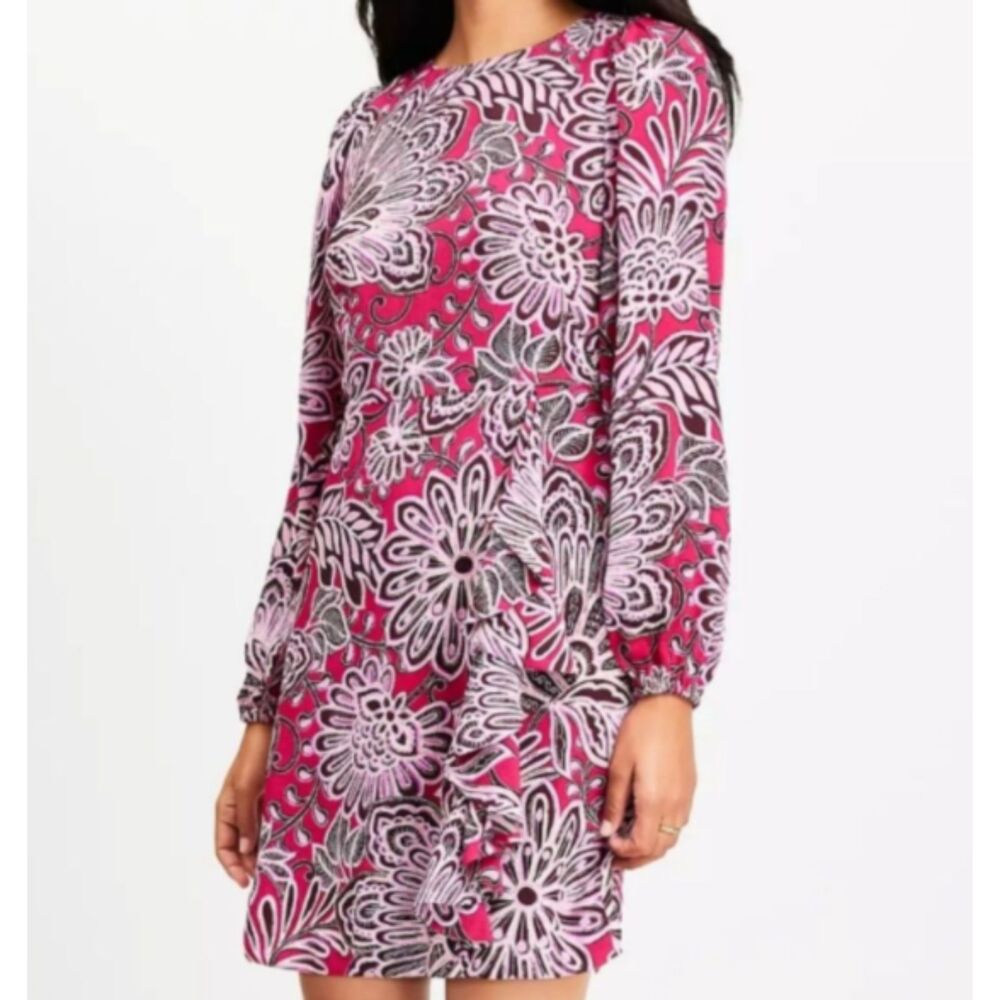 Loft Dress Floral Pink Printed Long Sleeve Rayon Lined Size 14